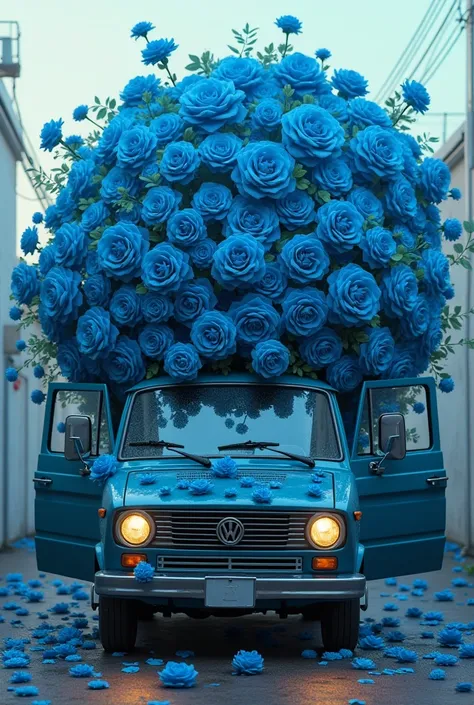 Van full of blue roses 