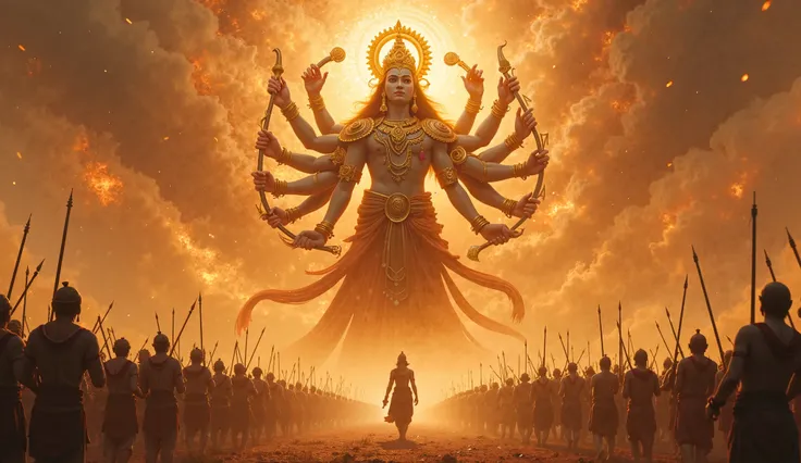 Create an ultra-realistic, high-definition cinematic image of **Lord Krishna manifesting his Virat Swaroop in the midst of the Mahabharata battlefield. His divine form is colossal, cosmic, and all-encompassing, with countless faces and infinite arms wieldi...