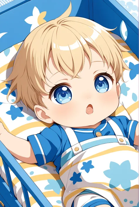  1-month-old anime baby ,     blond hair,  have blue eyes  ,  wearing a little blue outfit , lying in the blue crib  , a boy, anime kawaii 