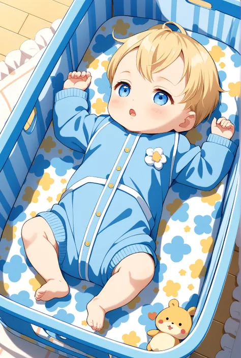  1-month-old anime baby ,     blond hair,  have blue eyes  ,  wearing a little blue outfit , lying in the blue crib  , a boy, anime kawaii 