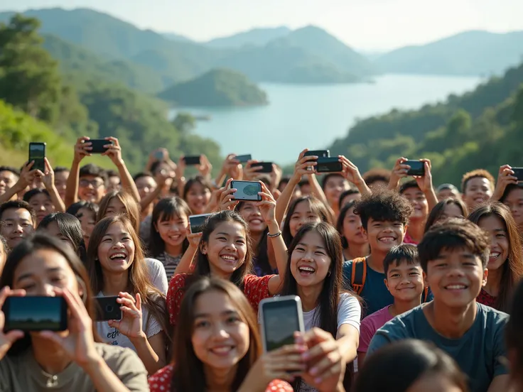 1000 Gen Z from Indonesia are taking photos of the scenery using i phone with cheerful expressions.  Looked up. realist, detail,  photography