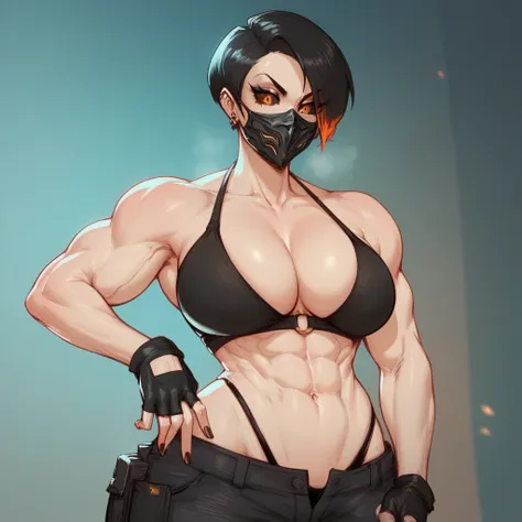 A ash pale skin girl short black bob hair Orange eyes black esclera black bikini,black cargo pants,huge defined muscle bulging veins giant body,metalic half mask,black fingerless gloves 