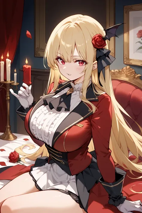 score_9, score_8_up, score_7_up, score_6_up, 1girl,
 claudine, long hair, blonde hair, flower, gloves, vampire, candle, white gloves, rose, solo, sitting, ascot, petals, hair ornament, looking at viewer, red suit, huge breasts