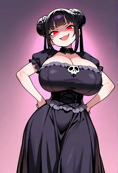 Cute girl, Petite body, loli, huge breasts, evil smile, smug face, fang, wide hips, cute dress, evil laugh, princess girl, brat, goth dress, cute, 1girl, Solo, High Resolution, Braided Bun, 