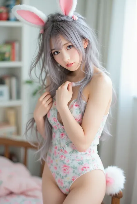  very beautiful 19 year old girl ,   Dressed as a bunny girl,   silver hair,I'm braiding my long hair,Bright interior, anime chick, looking at camera, slouching forward