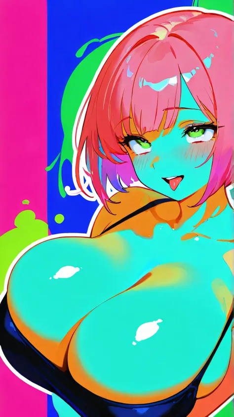 master piece:1.5、big green eyes, ahegao, vibrant,  high contrast, asian girl, colorful hair,  bob cut,  Plain background, best quality, Highly detailed, Amazing work，Vitreous luster, blues, purples, pinks, Best quality at best，shiny skin, no background, co...