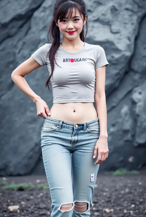  3d 8k photo taken with high quality camera, Portrait of a young Asian girl with a round face,  seductive smile,  sexy in various poses , Open legs,  Exciting action , Outdoor on the mountain,  among cannabis plants  ,  Wear a small, tight-fitting red T-sh...