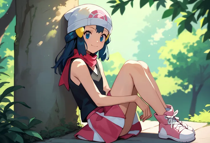 masterpiece, Best Quality, 1 girl, dawn \(Pokémon\), cap, by the wide, For the blue, blue eyes, Black sleeveless shirt, pink scarf, pink skirt, pink boots, smile, looking at the viewer, 