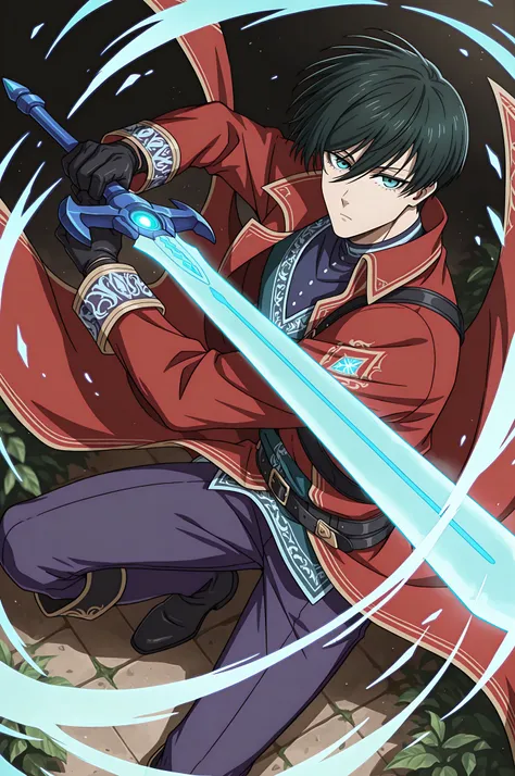 1boy, Itoshi Rin, Blue Lock, teal eyes, underlashes, dark green hair, from above, from side, foreshortening, black gloves, Male Fantasy Clothes, red coat, purple pants, cool, high fashion, closed mouth, holding sword, glowing blue sword, plant sword, energ...