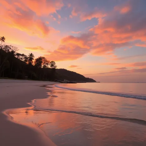 a beach,  sunset,  small waves ,  Peaceful Landscape 