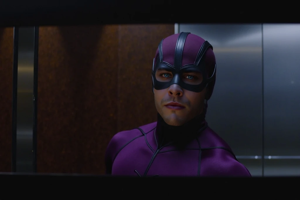 Charlie Hunnam, a masked superhero in a dark and smoky cave at night. Clad in a sleek, purple body-hugging lycra costume with a matte finish, his defined muscles and muscular arms are on full display. The costume features a purple collant that glides seaml...