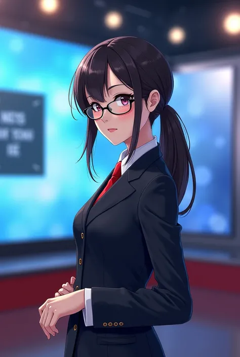 Female reporter giving a news story, With Chinese hair and with lenses, Anime type but tender, Let her see head-on , And behind it is like the stage of a news forum,  Let your full body  