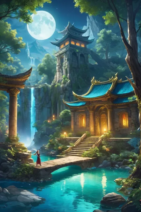 Fantastic forests, moonlight, ancient ruins, flying dragons, sparkling crystal lakes, elves, wizards, dancing spectacles