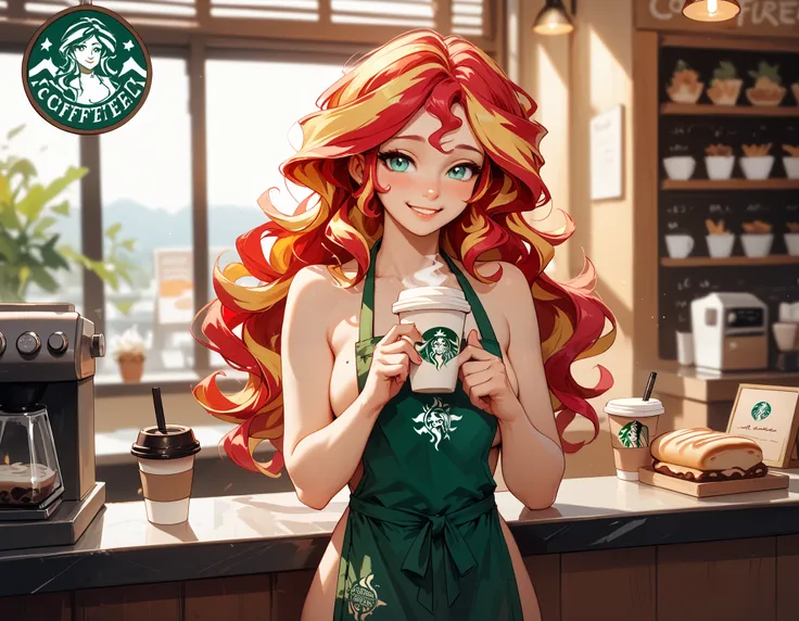 Sunset shimmer, as a barista, standing behind a counter in a coffee shop, wavy hair, bright warm smile, blushing, writing a name on a coffee cup, bright, optimistic, naked, wearing an apron