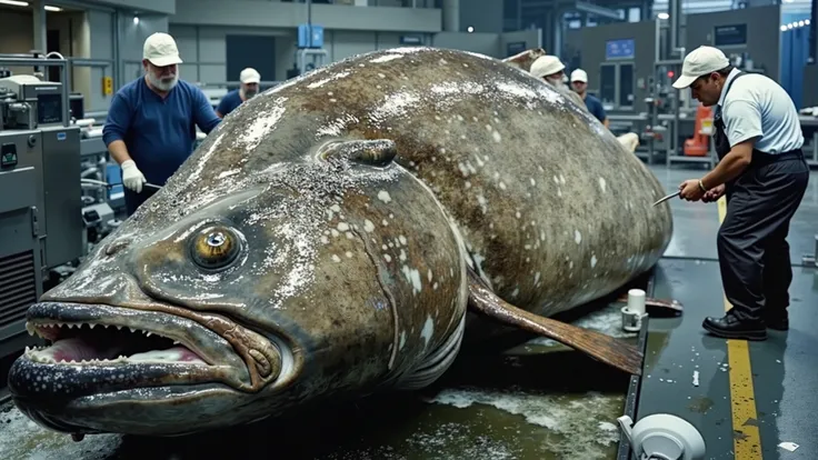 giant fish being cleaned by workers in the factory