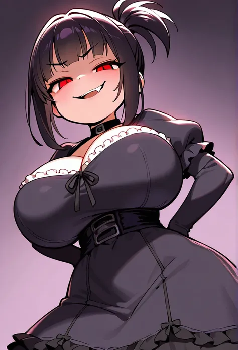 Cute girl, Petite body, loli, huge breasts, evil smile, smug face, fang, wide hips, cute dress, evil laugh, princess girl, brat, goth dress, cute, 1girl, Solo, High Resolution, Topknot, 