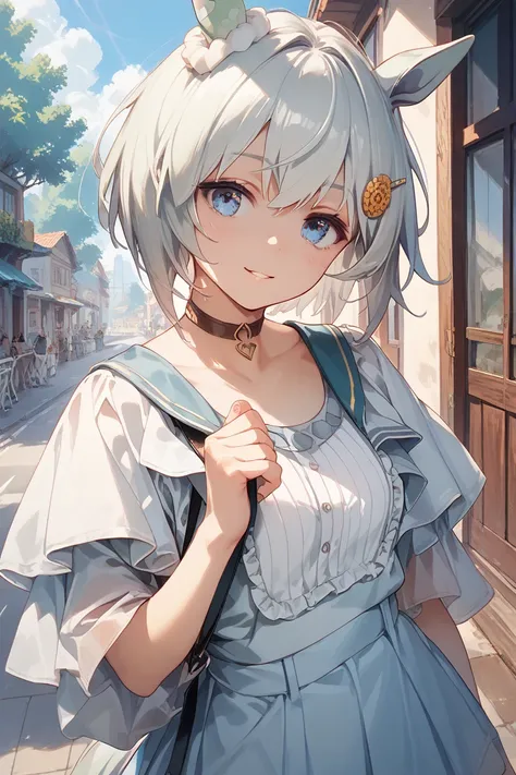 Seiun_Sky, horse ears, horse tail, short hair, white hair, bangs, hair ornament, hairclip, blue eyes