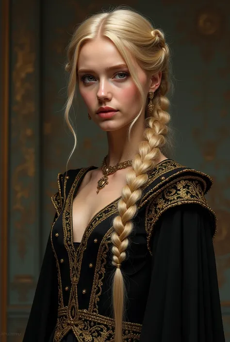 Princess with long blonde braid hair wearing a black and gold trimmed dress