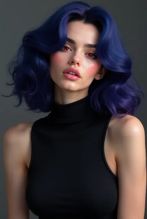 "A stunning female character with wavy, voluminous deep blue hair accented with subtle purple highlights, flowing naturally around her face. She has a soft yet mature facial structure, delicate features, and striking red eyes. Her expression carries a rela...