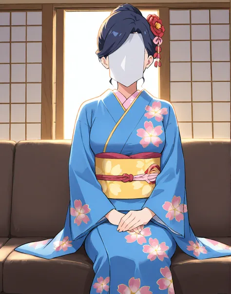 score_9,score_8_up,score_7_up, Anime-style character, source_anime, beautiful color amazing quality, backlighting, light rays, 1girl, solo, lonely, 30-year-old, Pretty Face, cute, beautiful, A pale anime mature woman, (blue kimono, print kimono, floral pri...