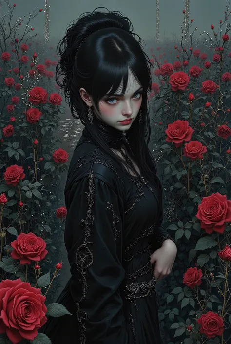 (Masterpiece:1.2),( best quality ),( very detailed),( best illustrations),8k,,16k,wallpaper, beautiful woman with sweat on her face, gothic fashion ,whole body,(I'm taking a walk along the road where countless black roses bloomed:2.0), vector art,( upper b...