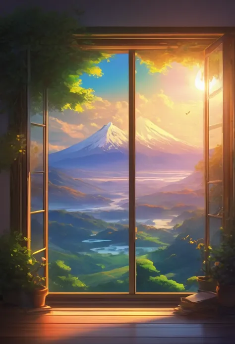 there is a window with a view of a beautiful landscape, a digital painting by sylvain sarrailh, pixiv contest winner, magical realism, anime beautiful peace scene, anime background art, beautiful anime scenery, beautiful anime scene, dreamy landscape, anim...