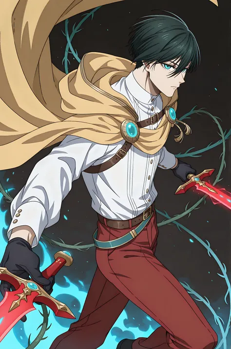 1boy, Itoshi Rin, Blue Lock, teal eyes, underlashes, dark green hair, from above, from side, foreshortening, black gloves, Male Fantasy Clothes, cape on shoulder, yellow cape, white shirt, red pants, cool, high fashion, jewelry, closed mouth, holding sword...