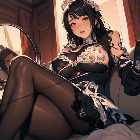 ((masterpiece, high quality, best quality, 8k, wallpaper, fine lineart, highly detailed, absurdres)), 1girl, korean, wearing maid black mini skirt, wearing maid dress, wearing black stockings, sitting on couch, wearing a tight black bra, big breasts , long...