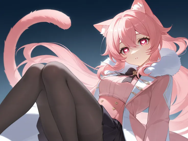 、 best thighs、 Genshin、Dispatched Light Wheel、 beautiful skin、Clear shadows、front、 long coat、 pink hair、salmon pink eyes、 black tights、Cat tail、 Heart Eyes 、 skirt by humili、 raised 、 long hair、