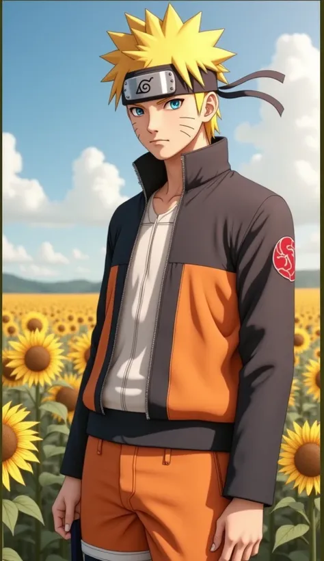  anime Naruto,  live action,8k,Realistic,background :blue sky sunflower