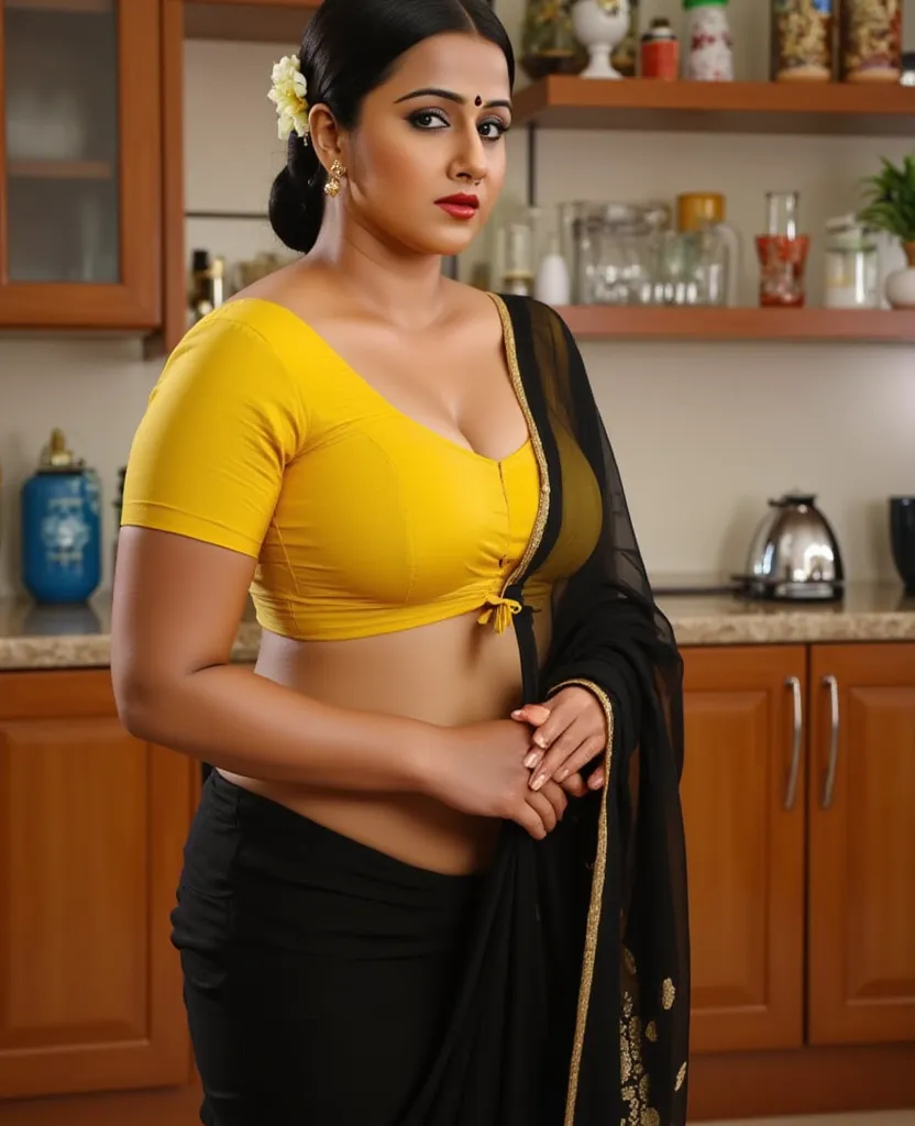 Dusky body, yellow blouse, black see through saree, working in kitchen, sweat drops seen in her body, hair tied around, flowers in head, red lips, deep navel, sexy waist folds, nosering, Fit and curvy body, sleeveless blouse, costly room, bangles in hand, ...