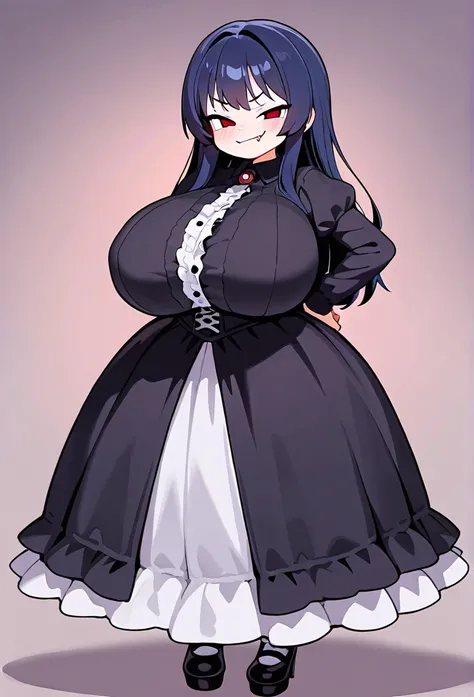 Cute girl, Petite body, loli, huge breasts, evil smile, smug face, fang, wide hips, cute dress, evil laugh, princess girl, brat, goth dress, cute, 1girl, Solo, High Resolution, Dark Blue Hair, 