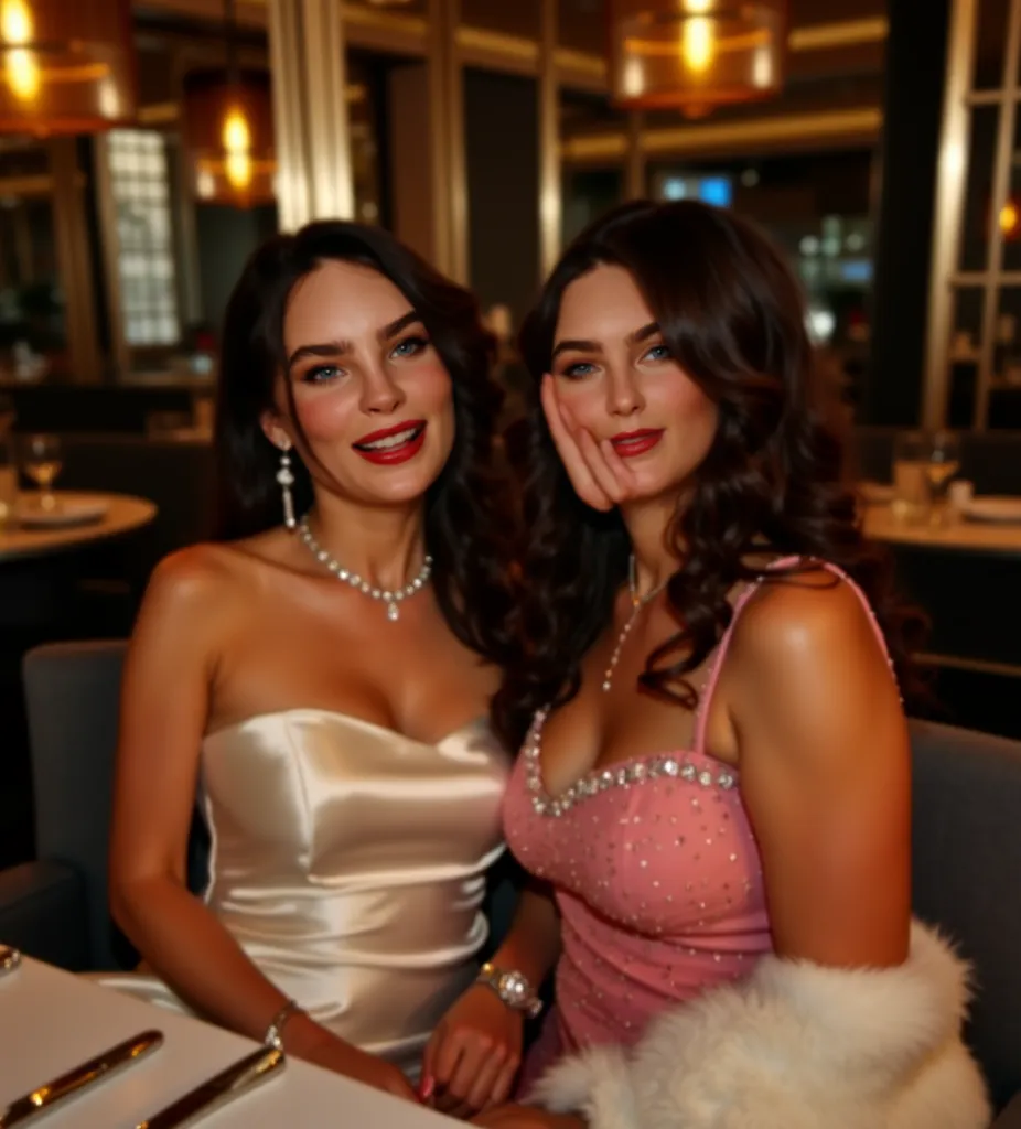  An elegant scene and Chairwoman in a sophisticated restaurant with warm lighting and modern details.  is nighttime,  Two women, one of them wears a tight white silk dress.,  Diamond Accessories ,  with a glamorous and safe air . The other curvy woman has ...