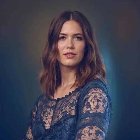 best quality, highres, 8k, masterpiece, photography, detailed midbody photorealistic portrait. Basking under soft blue light, Mandy Moore strikes a pose against a pastel blue backdrop featuring blooming flowers. Her attire includes a navy-blue lace bralett...