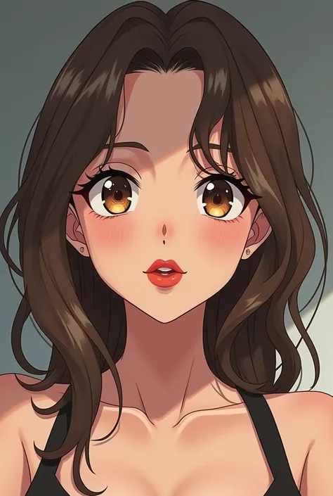  a 40-year-old woman,light brunette, with large, arched eyebrows,plump lips, wavy brown hair , brown eyes,e plump lips e vermelha,She is an anime she has a;55 and has 3 daters