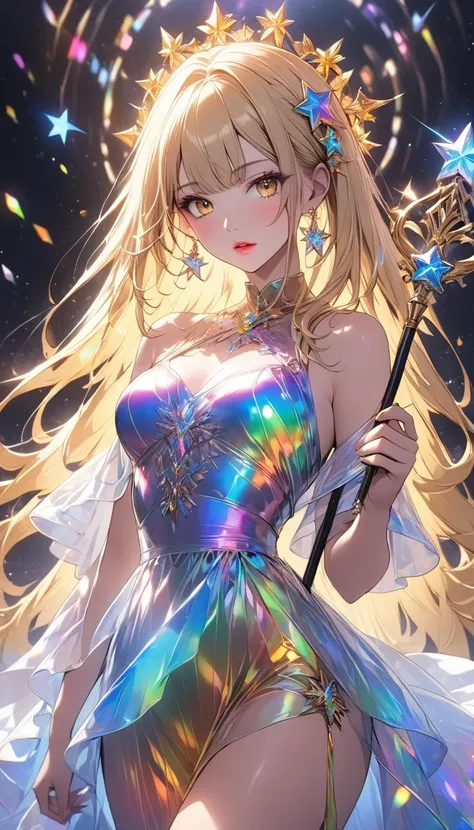 （ best image quality）， 1 beautiful woman，Queen style 、Goddess Style、 holding a scepter in one hand ，Beautiful golden eyes、Beautiful lips、 Perfect Face 、 long blonde hair 、（ perfect body），Precise facial expression depiction，whole body、青いstar空，star（Sparkling...