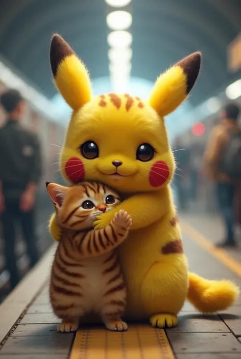 The cutest brown tiger pattern kitten in the world hugging Pikachu、((Realistic:1.3))、 station platform、tears