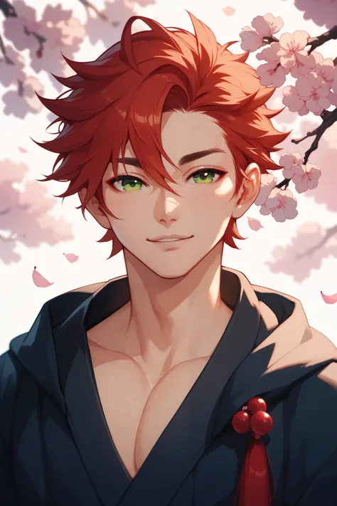 Cute and sexy 18-year-old Asian boy with red hair green eyes around Japanese cherry trees 