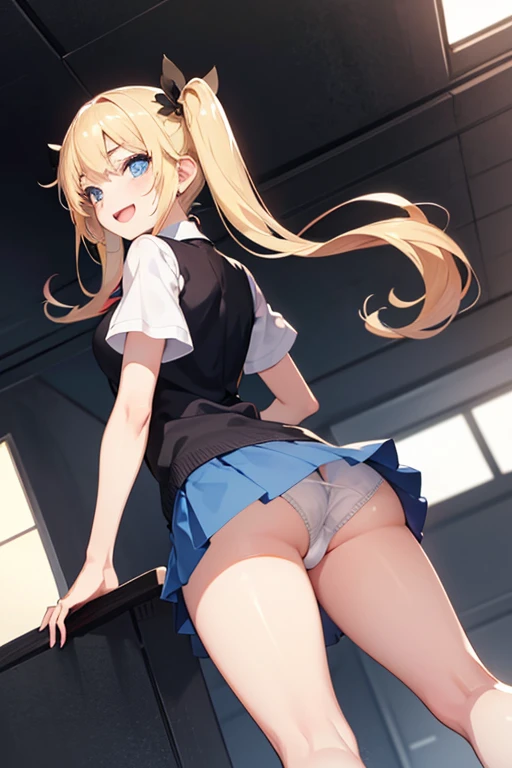  1 girl,  smiles,  blue eyes,  miniskirt, blonde,  twin tails on legs,  open your mouth slightly,  back view, underwear, anime style,  from below, look back