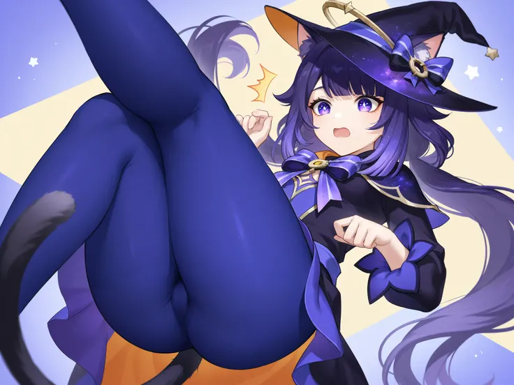 、 best thighs、 Genshin、Halo、 beautiful skin、Clear shadows、front、、 purple hair 、Galaxy Eyes 、Blue tights、 Witch Uniform、Surprise face、Cat ears、Cat tail