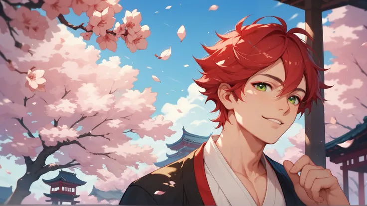 Cute and sexy 18-year-old Asian boy with red hair green eyes around Japanese cherry trees
