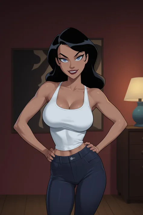 PonyXLV6_Scores BREAK ((parody) perfect anatomy, perfect eyes, cowboy shot), BREAK zatanna zatara, long hair, black hair, dark-skinned female, blue eyes, lipstick, flirting, raised eyebrow, ((looking at viewer)), long hair, black tank top, black jeans, lar...