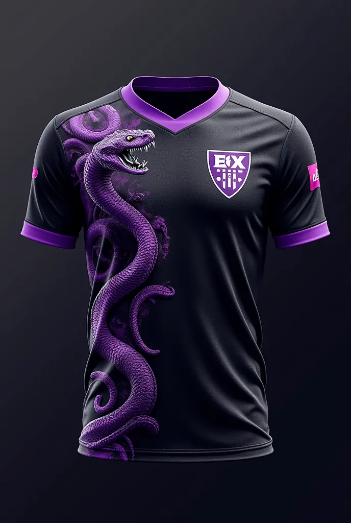  Make a black team jersey with a purple snake sticking out of the purple left side, attacking the symbol with some purple details 