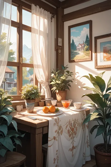  The light of the sunset shines on the orange、 handwritten illustration 、 watercolor paint-style illustration 、White plate、White curtain by the window 、plant