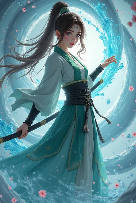 A beautiful female character Kagura mobile legend , with long hair of brown color mix in a ponytail with a mark on the forehead  ,blue eyes ,  red lips blush , Cosplay wear intricate details resembling hungfu light green color typical japanese cherry bloss...