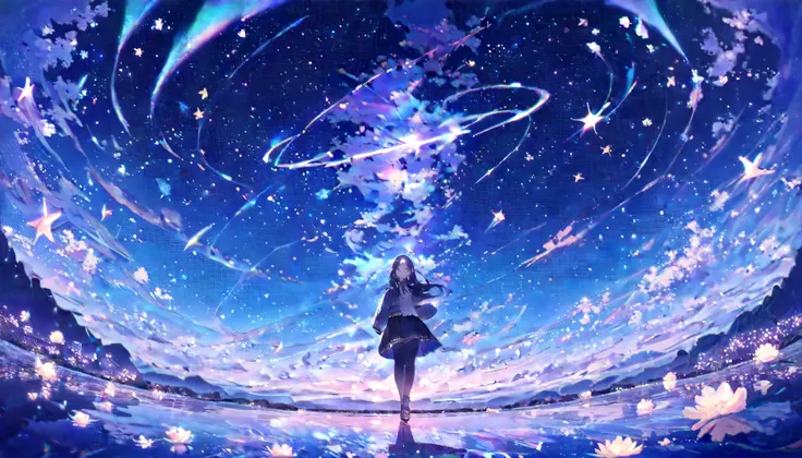  1 girl\( cute,, chibi,student,  young, hair\(short,Silver,floating\), Eyes of the Universe,  pale skin on a street car, ( on the forehead:1.2)\). break .(  Clear Bubbles  \( Shining Prisms ,In the sky\), beautiful universe , ( Huge, Beautiful, Colourful A...