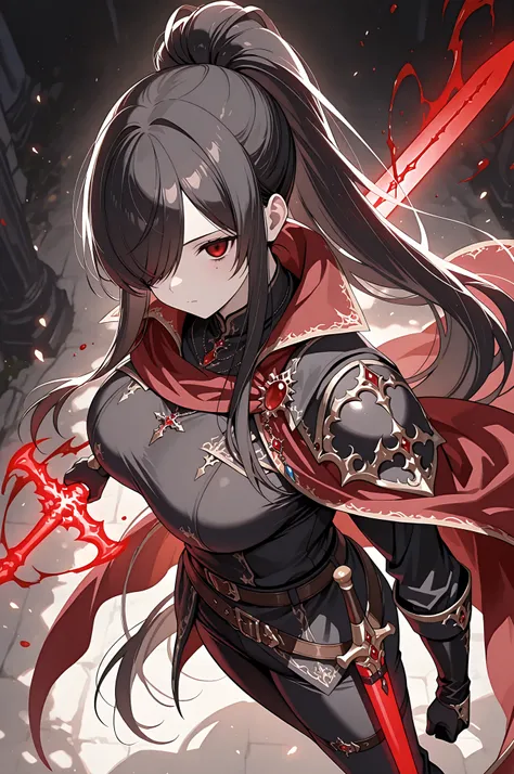 1girl, Kuroki Monika, mole on left cheek, red eyes, hair over right eye, black hair, very long hair, ponytail, large breasts, from above, from side, foreshortening, black gloves, Male Fantasy Clothes, cape on shoulder, red cape, black shirt, black pants, c...