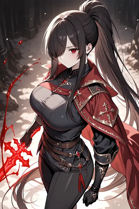 1girl, Kuroki Monika, mole on left cheek, red eyes, hair over right eye, black hair, very long hair, ponytail, large breasts, from above, from side, foreshortening, black gloves, Male Fantasy Clothes, cape on shoulder, red cape, black shirt, black pants, c...