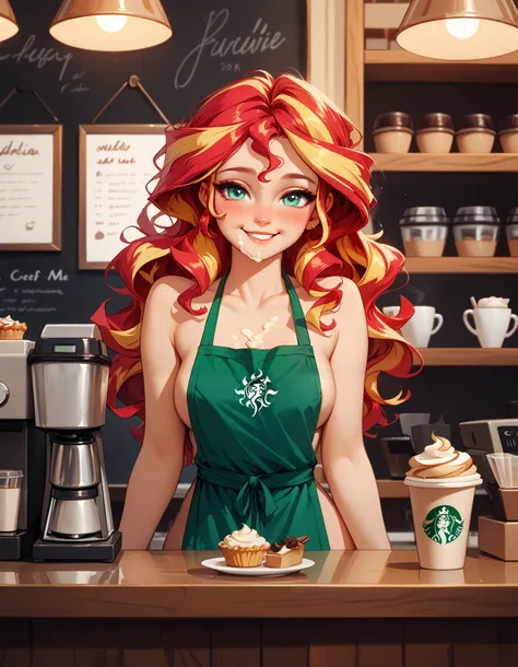 Sunset shimmer, as a barista, standing behind a counter in a coffee shop, wavy hair, bright warm smile, blushing, cream on her lip and cheek and chin, bright, optimistic, naked, wearing an apron