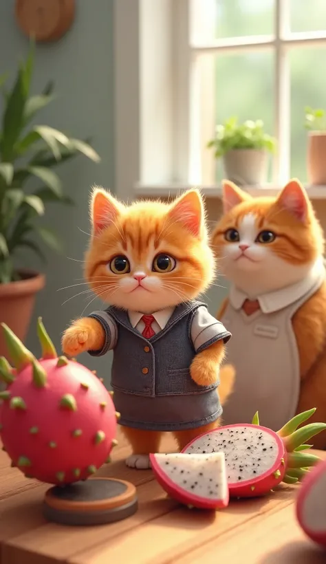 kitten ( kitten cat orange  , cute, dressed with school unifrom) pointing to the dragon fruit .  behind which there is a mother cat (dressed with apron)
